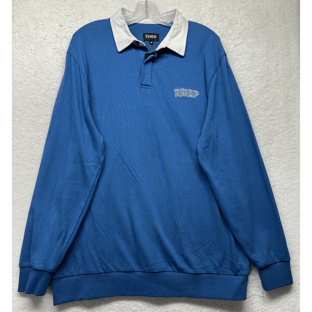 RIPNDIP Mens Size XL Blue Long Sleeve Embroidered Spellout Polo Shirt New (J5)